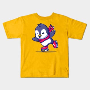 Cute Penguin Ice skating With Scarf Cartoon Kids T-Shirt